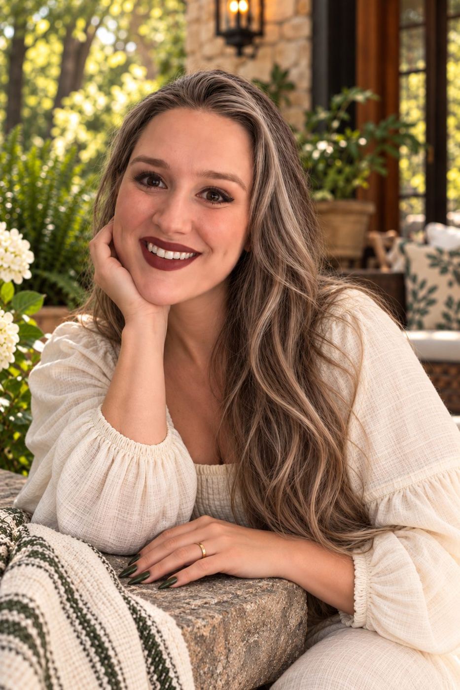 Bailie smiling on a stone porch surrounded by greenery and white hydrangeas