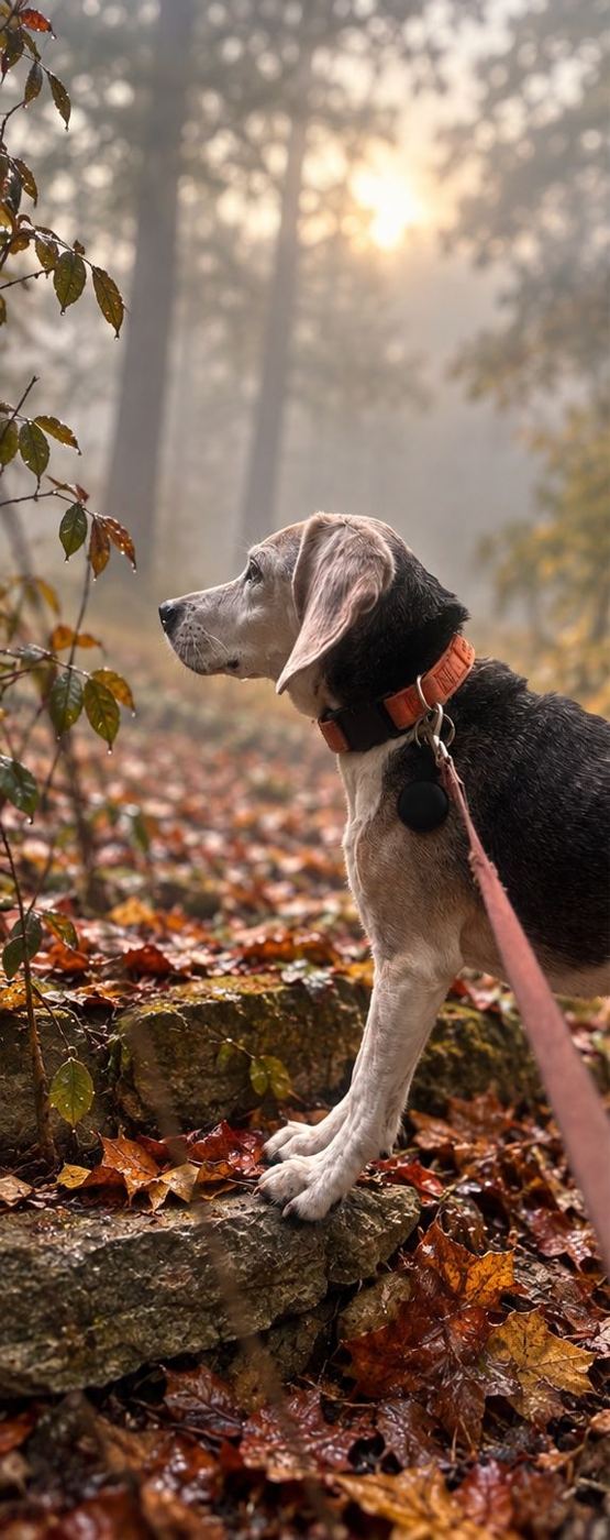 A senior beagle pausing on a mossy stone in the fog