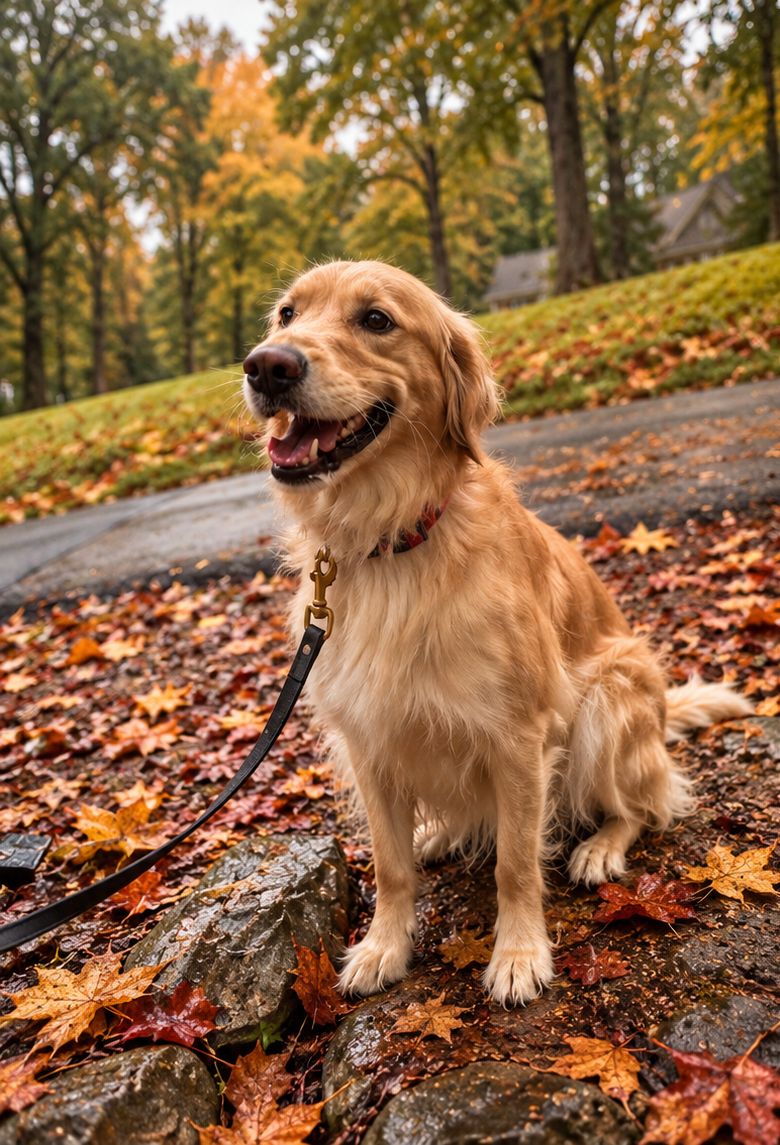 A golden retriever sitting in fallen autumn leaves