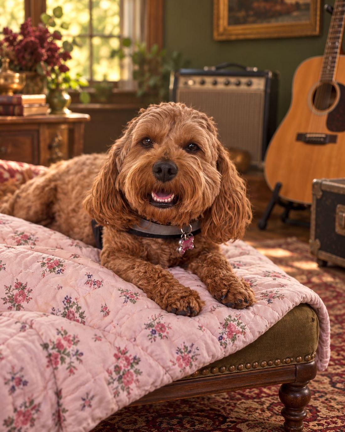 A doodle resting on a quilted bench beside a guitar and amp