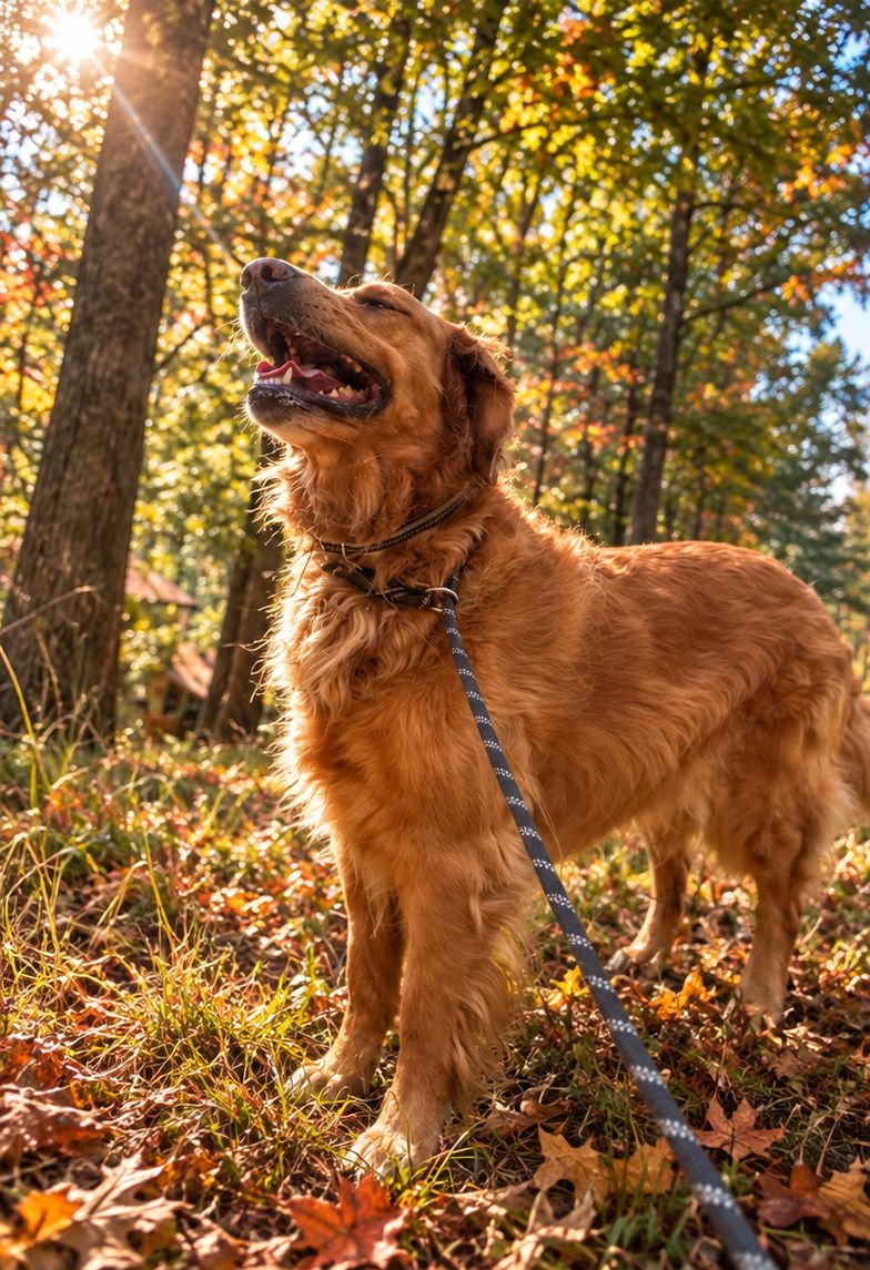 A golden retriever smiling up at the sun in the woods