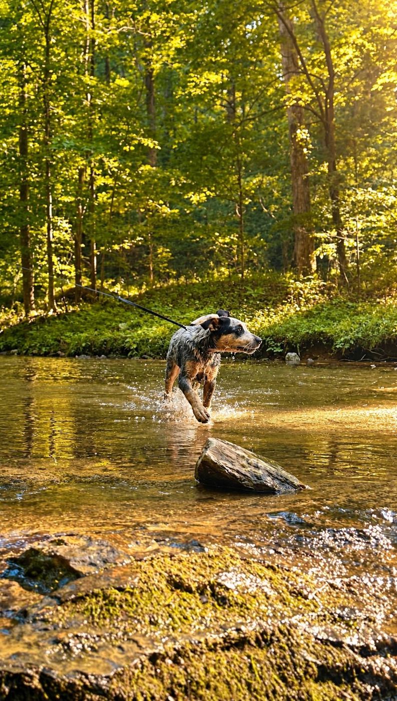 Tough, a blue heeler, splashing through a sunlit creek on leash